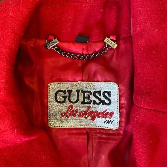 Guess Los Angeles 1981 Wool Blend Coat Size Medium Cherry Red Thick Collared EUC - Picture 7 of 11